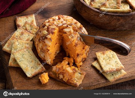 Cheddar Cheese Ball Nuts Crackers Cutting Board Stock Photo by ...