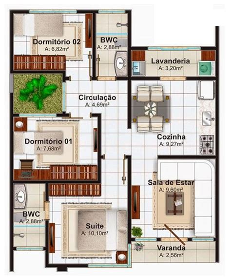 Plano de casa de 3 dormitorios con jardin interno