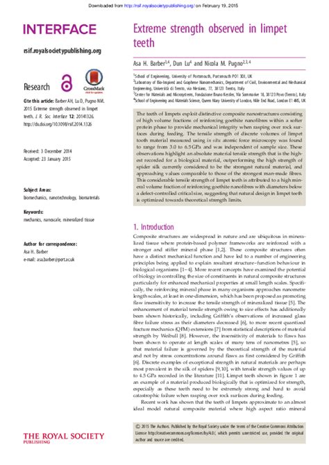 (PDF) Extreme strength observed in limpet teeth | Asa H Barber - Academia.edu