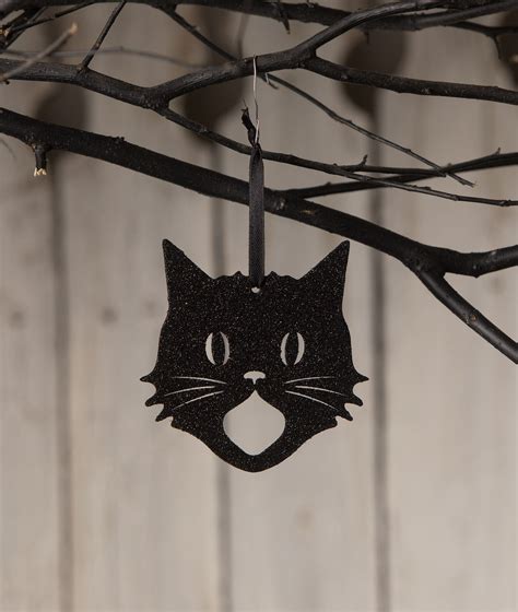 Scaredy Cat Silhouette Ornament | Glittered Old School Halloween Decor - TheHolidayBarn.com