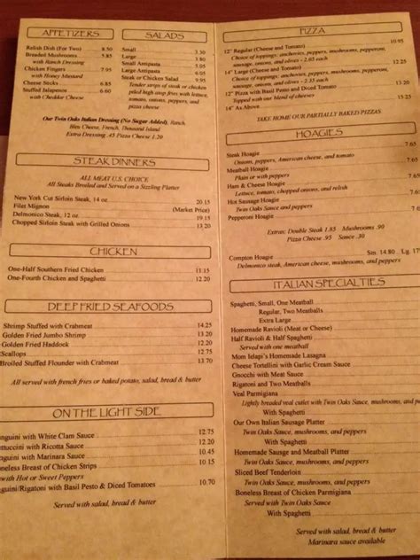 Twin Oaks Restaurant Menu, Menu podniku Twin Oaks Restaurant ...