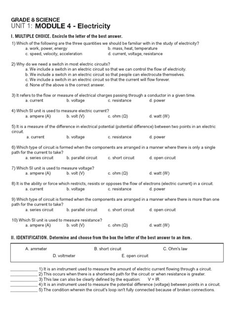 GRADE 8 SCIENCE QUIZ: Electricity | PDF | Voltage | Series And Parallel ...