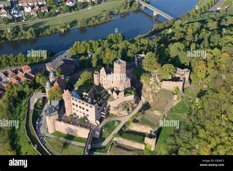 AERIAL VIEW. Wertheim Castle overlooking the River Main. Wertheim am Main, Baden-Württemberg ...