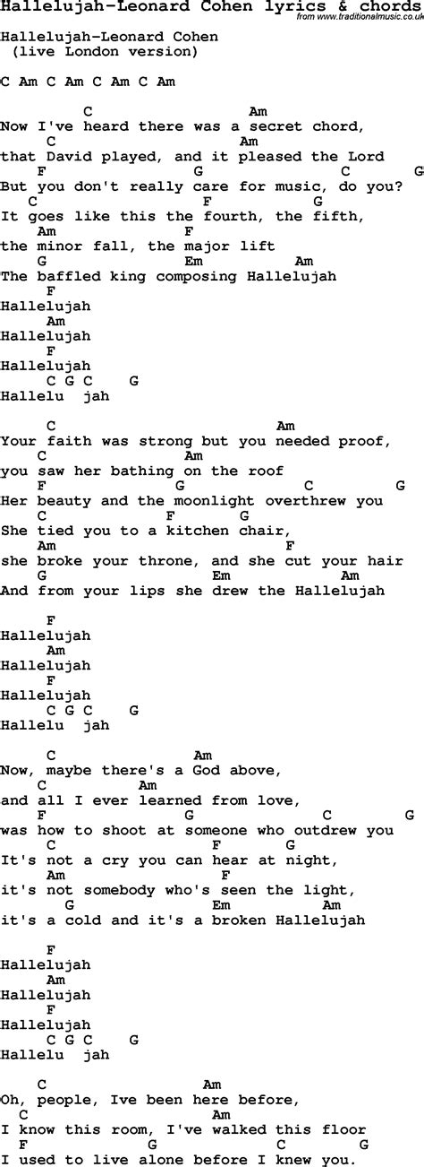 Love Song Lyrics for: Hallelujah-Leonard Cohen with chords for Ukulele, Guitar Banjo etc ...