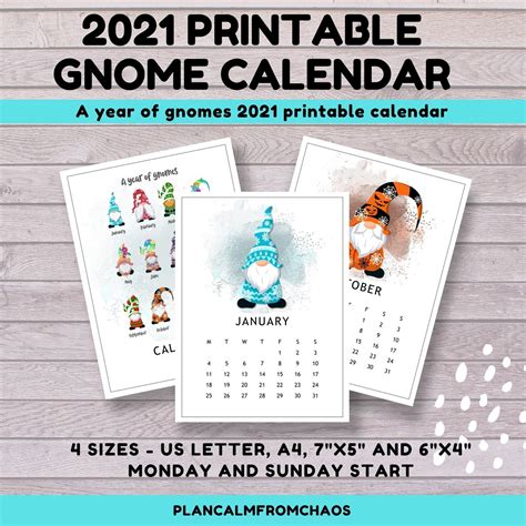 2021 Printable Gnome Calendar DIGITAL DOWNLOAD US letter | Etsy