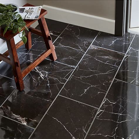 Elegance Black Gloss Marble effect Ceramic Wall & floor Tile, Pack of 7 ...