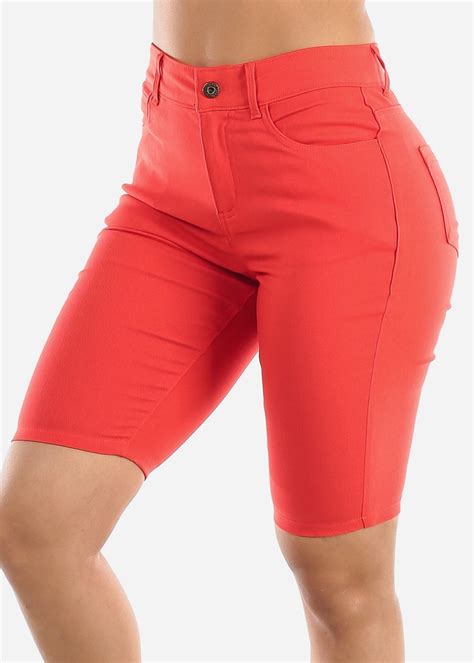 Moda Xpress - Womens High Waisted Jegging Shorts Coral Super Stretchy Casual Bermuda Shorts ...