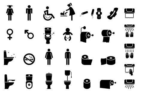 black and white bathroom icons on a white background