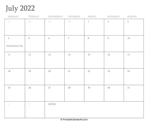 July 2022 Calendar Printable with Holidays