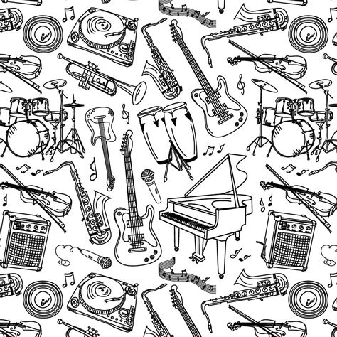 Black Sketches of Musical Instruments on White Background Painting by ...