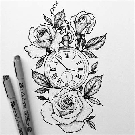 Pocket Watch With Roses Drawing at PaintingValley.com | Explore ...