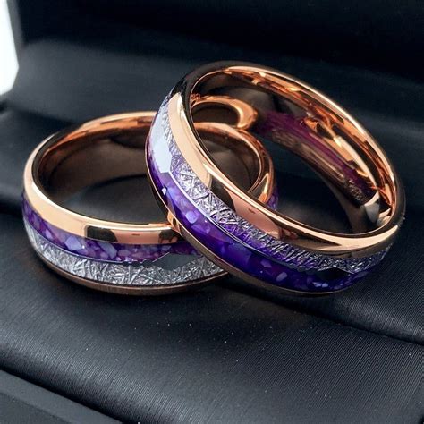 Purple Agate Meteorite Rose Gold Tungsten Carbide Ring With Arrow Inlay ...