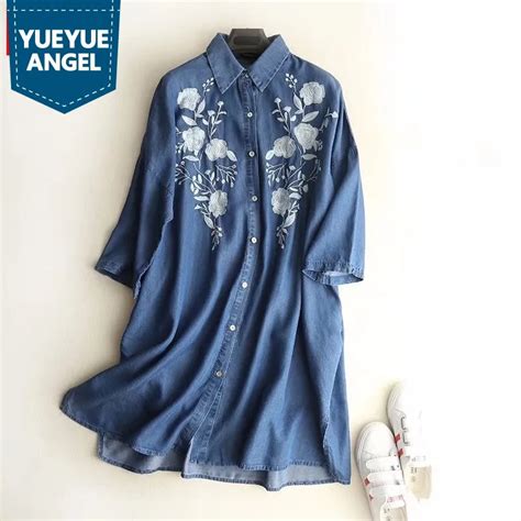 Embroidery Flower Denim Dress 2019 Spring New Half Sleeve Casual Loose ...