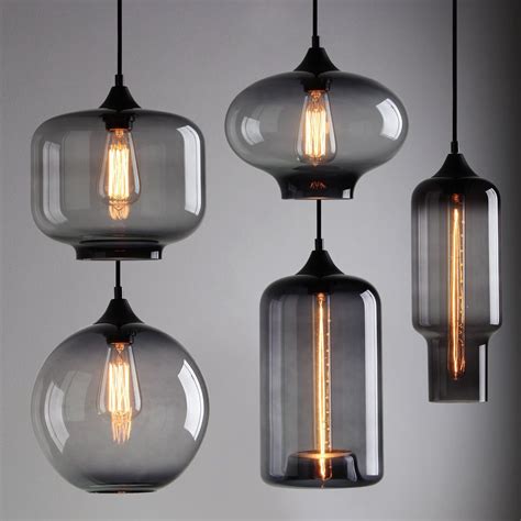 MODERN INDUSTRIAL CEILING LAMP SMOKY GREY GLASS SHADE CAFE LOFT PENDANT ...