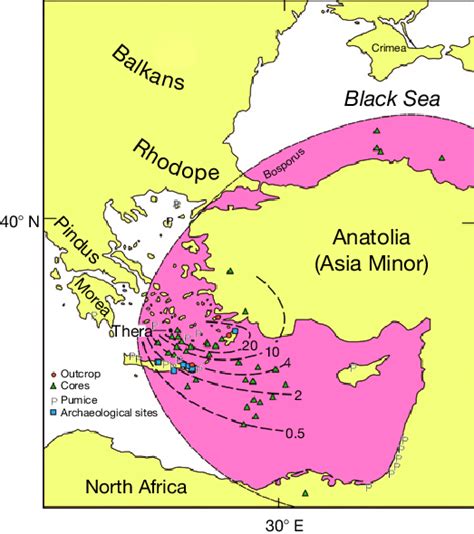 Regional distribution of tephra from the Thera eruption (shaded area ...