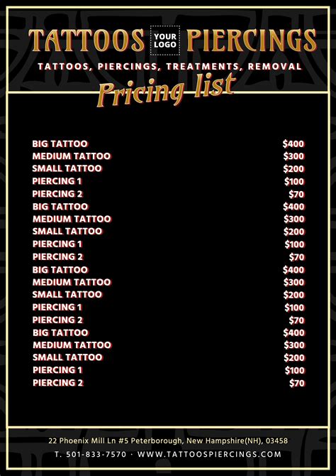 Editable pricing lists for tattoos and piercings | Tattoo prices, Good family tattoo, Tattoo shop