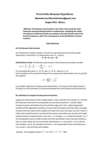 Proof of the riemann hypothesis by Nick Mantzakouras - Issuu