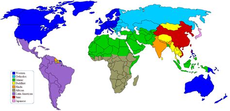 A world map of major civilizations according to the political hypothesis Clash of Civilizations ...