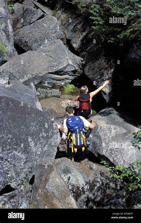 US, ME, Hiking Mahoosuc Notch Trail, Appalachian Trail, giant boulders. Mahoosuc Range, White ...