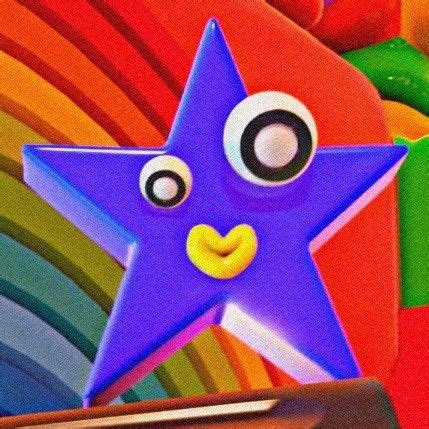 a purple star with big eyes and a smile on it's face in front of colorful background