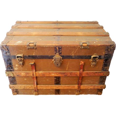 Brown Steamer Trunk with Leather Straps, Antique Storage Chest, Flat ...