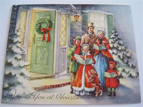 Used Vtg Christmas Card Old Fashioned Carolers Outside Front Door w Puppy | Vintage christmas