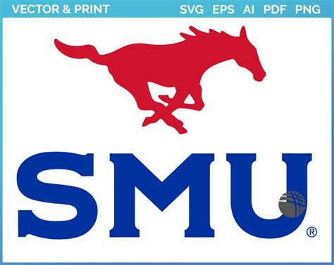 the smu logo is shown in red and blue, with an image of a horse running