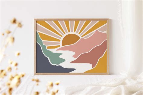 Boho Sun Wall Art, Modern Digital Download, Abstract Path, Mountains ...