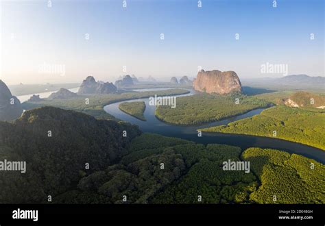 Aerial view, mangrove forest with meandering river and high karst rocks ...