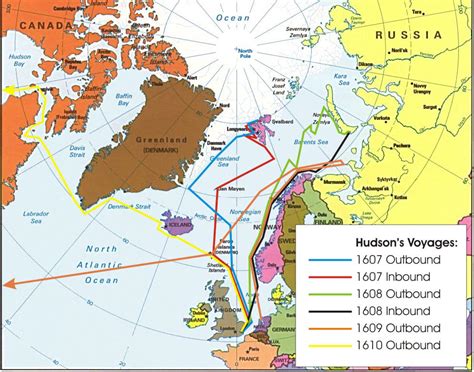 Map of of Henry Hudson's Arctic Voyages, 1607-1610