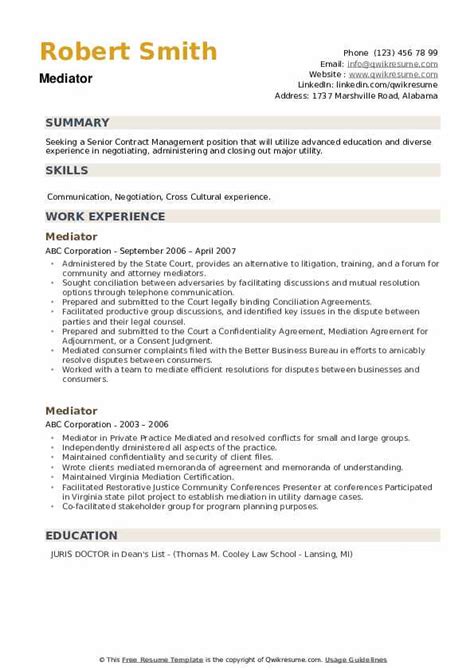 Mediator Resume Samples | QwikResume