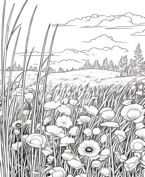 Premium AI Image | a black and white drawing of a field with flowers generative ai