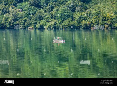 Zvornik, Bosnia and Herzegovina - July 31, 2019. Man fishing on the ...