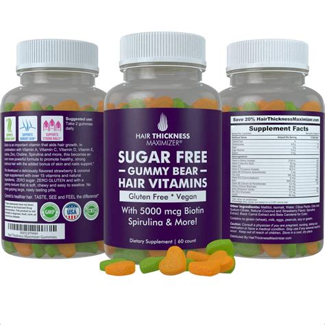 Sugar Free Hair Gummy Bear Vitamins by Hair Thickness Maximizer with Biotin 5000 mcg. Vegan ...