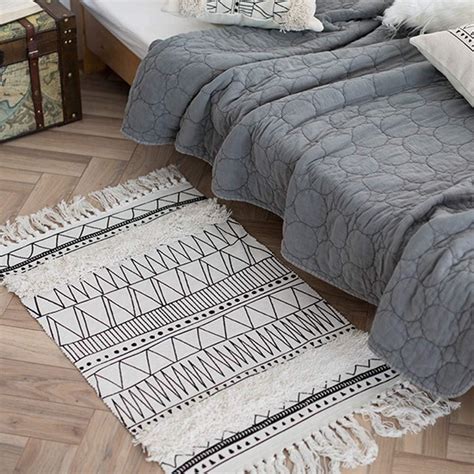 Cotton Woven Boho Small Rug - White with Black Geometric Tufted Tassels Morocco Throw Area Rug ...