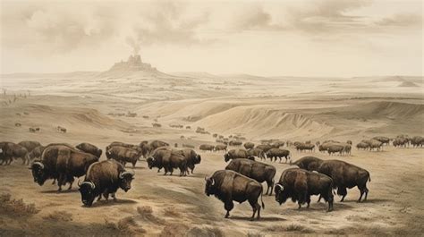 Premium AI Image | A painting of a herd of bison in front of a castle.