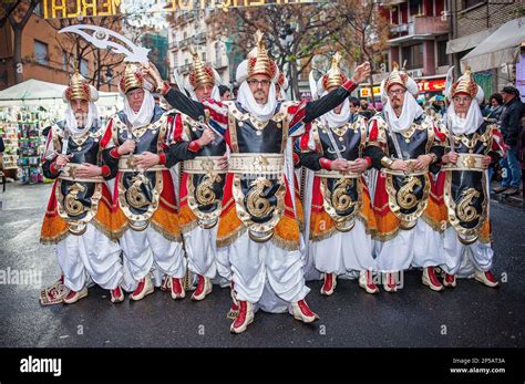 Moros y Cristianos parade during Fallas festival, in plaza del mercado ...