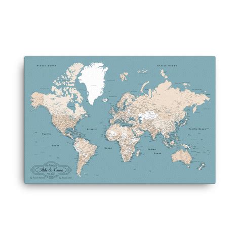 World Map With Push Pins - Light Blue and Tan – Modern Map Art