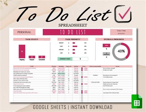 To Do List Template to Do List Google Sheets Spreadsheet - Etsy