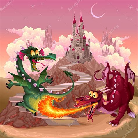 Dragons drôles dans un paysage fantastique avec château image vectorielle par ddraw ...