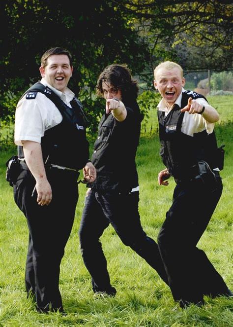 Nick Frost, Edgar Wright and Simon Pegg behind the scenes of Hot Fuzz ...