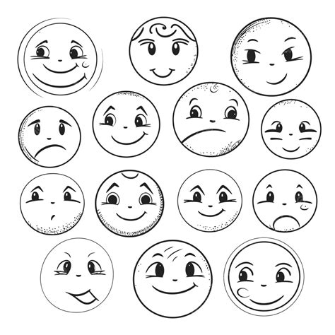 Set Of Smiley Face Drawing With Many Expressions Outline Sketch Vector, Wing Drawing, Face ...