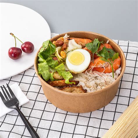 Take Away Disposable Food Containers Kraft Paper Salad Bowl With Pet Lid