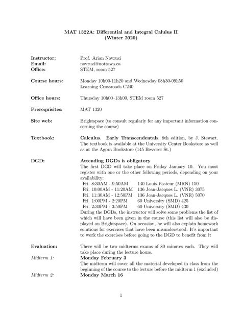 MAT1322 Calculus 2 Syllabus - Winter 2020 - MAT 1322A: Differential and Integral Calulus II ...