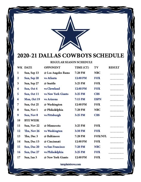 Printable 2020-2021 Dallas Cowboys Schedule