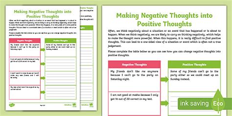 Making Negative Thoughts into Positive Thoughts Worksheet