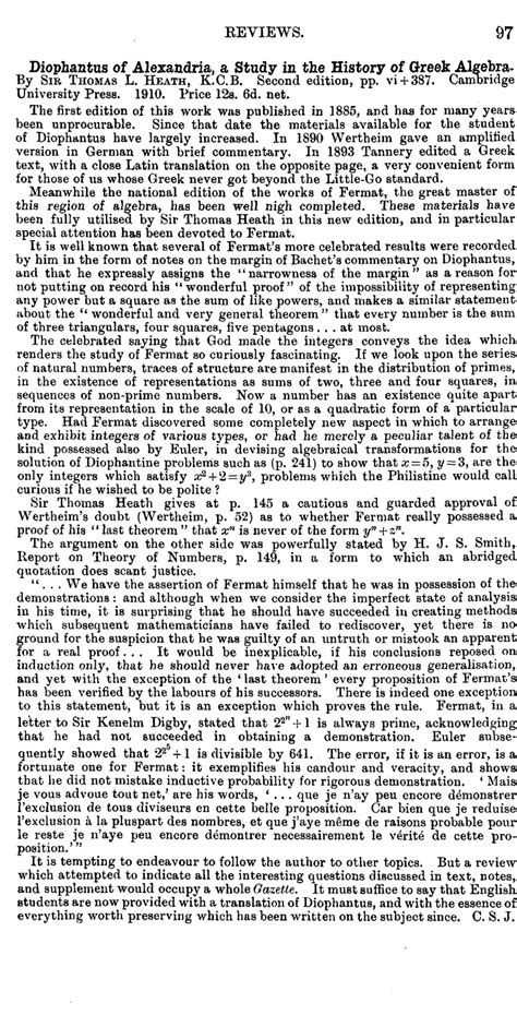 Diophantus of Alexandria, a Study in the History of Greek Algebra. By ...