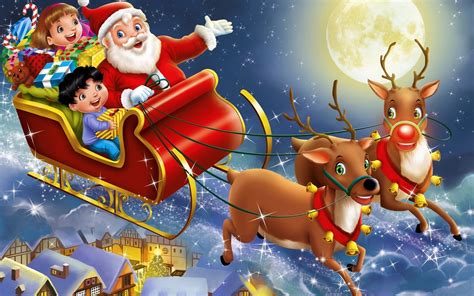 Santa Claus Rein Deer Cartoon Art Wallpaper