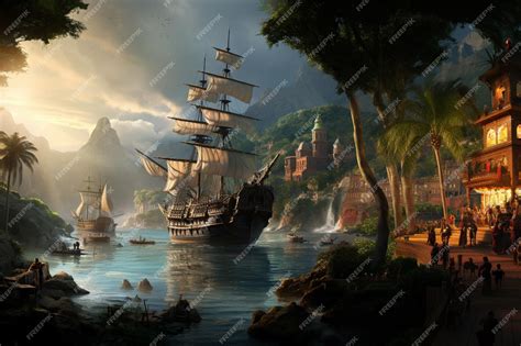 Premium Photo | Pirates of the caribbean ships in a tropical cove with ...