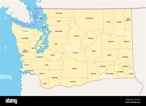 Washington, U.S. state, subdivided into 39 counties, political map with borders and county names ...